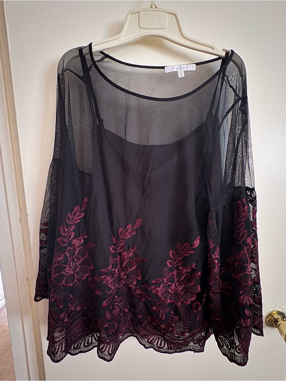 Fever Black Sheer Tunic with Burgundy Floral Embroidery